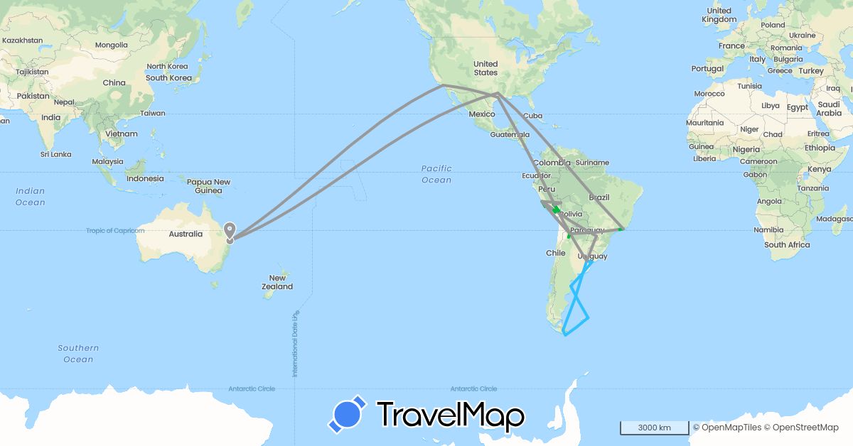 TravelMap itinerary: driving, bus, plane, boat in Argentina, Australia, Brazil, Chile, Falkland Islands, Peru, United States, Uruguay (North America, Oceania, South America)